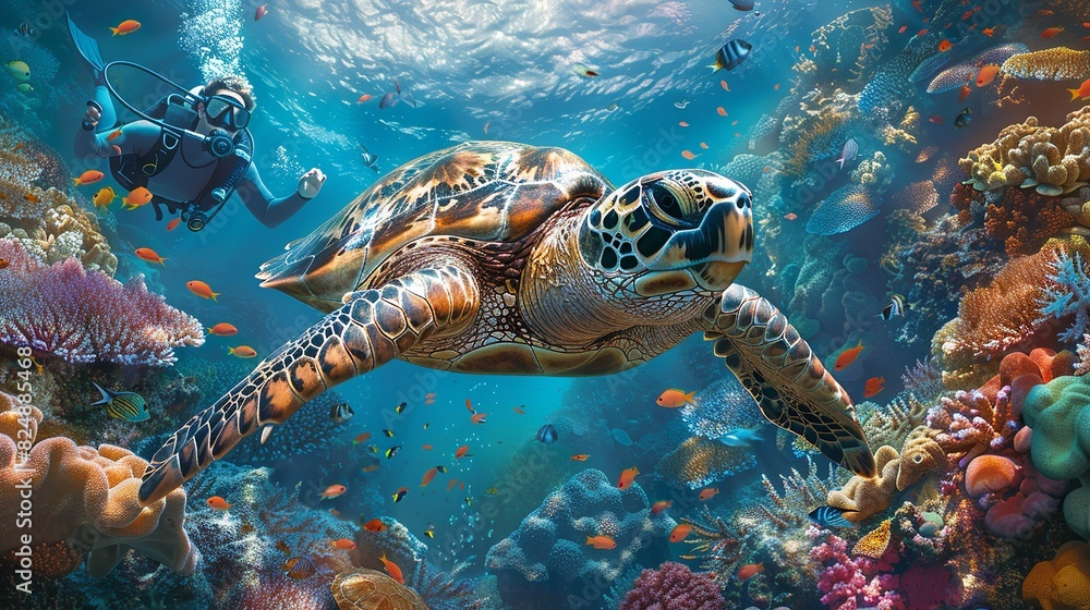 Fototapeta premium Nature Illustration, Underwater Exploration with Sea Turtles: A vibrant underwater illustration featuring divers swimming with sea turtles, surrounded by coral reefs and colorful fish. Illustration
