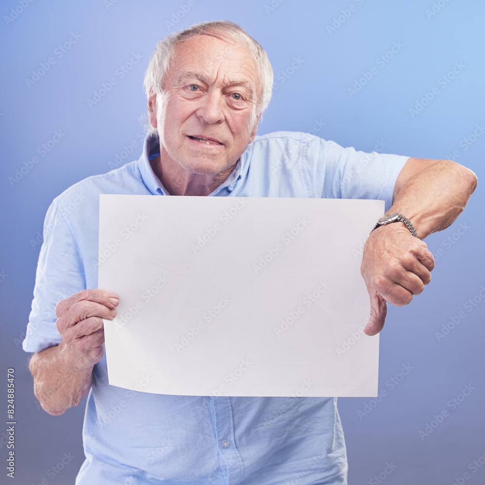 Poster, sign and senior man with thumbs down for info on retirement or pension mockup in studio background. Elderly, person or bad advice on board for finance feedback, announcement or fake news vote Poster, sign and senior man with thumbs down for info on retirement or pension mockup in studio background. Elderly, person or bad advice on board for finance feedback, announcement or fake news vote