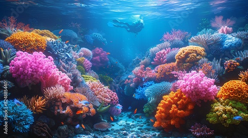 Colorful beautiful coral reefs under the sea  concept of tourism and environmental conservation.
