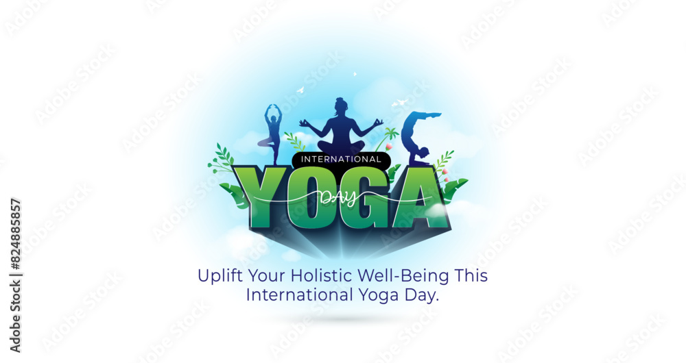Fototapeta premium Yoga day EPS Vector illustration. 3 people practicing yoga body stretch, fitness exercises, workout, relaxation and recreation background.