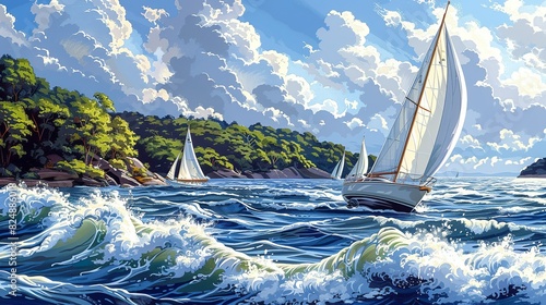 Nature Illustration, Windy Day Sailing on a Lake: An illustration of sailboats gliding across a windy lake, with waves, billowing sails, and a backdrop of forested hills. Illustration image, photo