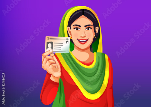 Vector of an Indian village woman with a smiling face showing her voter card in hand to cast a vote at polling station