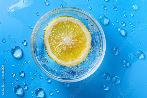 a lemon slice in a clear glass with water drops