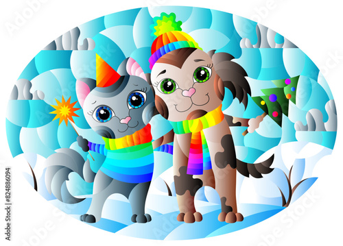 Illustration in the style of a stained glass window with a cartoon cat and dog on the background of a winter landscape