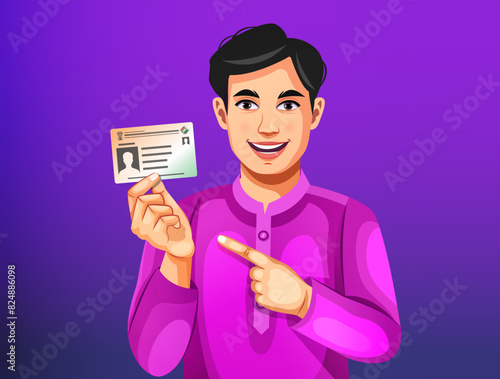 Vector of an Indian village man with a smiling face showing his voter card in hand to cast a vote at polling station