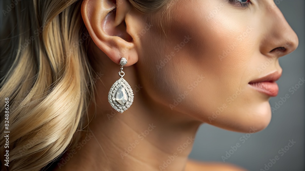 Earring with diamond. Woman with earring close up.