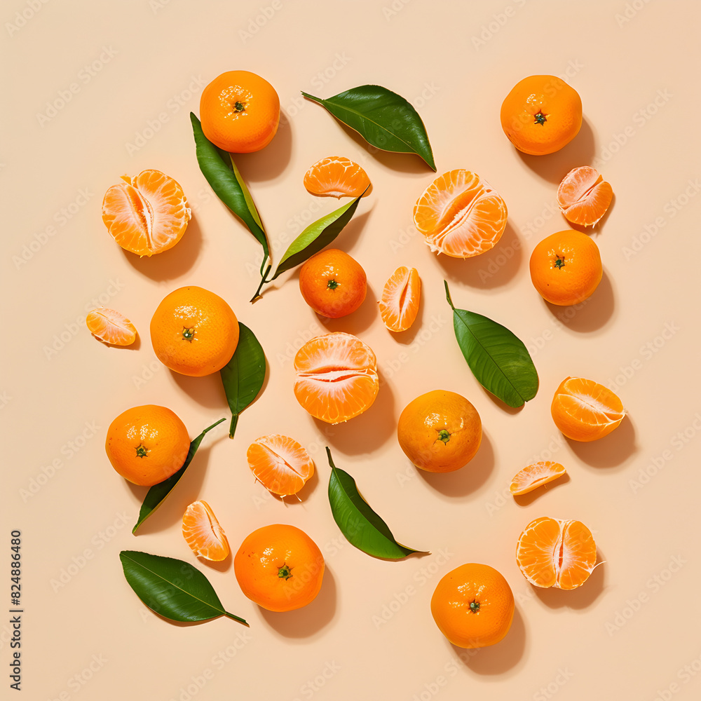 Top view juicy orange yellow tangerines with green leaf, Natural citrus fruit flat lay minimal style, light beige background. Organic, healthy, vegetarian and plant-based food concept, pastel tone. Top view juicy orange yellow tangerines with green leaf, Natural citrus fruit flat lay minimal style, light beige background. Organic, healthy, vegetarian and plant-based food concept, pastel tone.