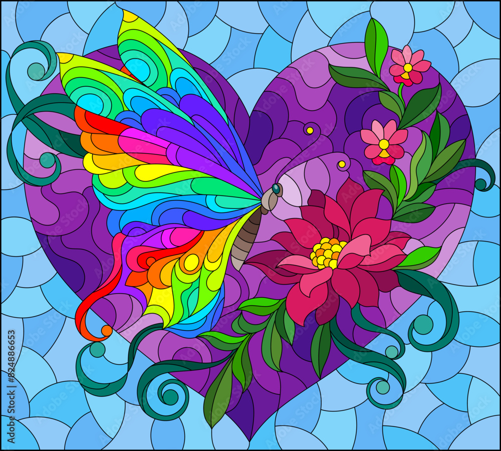 Obraz premium Iillustration in the style of a stained glass window with a bright butterfly , lotus flower and heart on a blue background