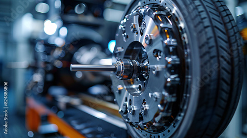 A detailed close-up of a tire being balanced on a high-tech wheel balancing machine. The image highlights the precision and technology involved in providing top-notch tire services, ensuring optimal