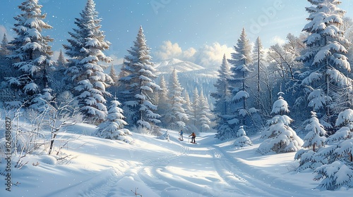 Nature Illustration, Winter Snowshoeing Through a Forest: An illustration of people snowshoeing through a snowy forest, with tall pine trees covered in snow and a clear winter sky above. Illustration © DARIKA