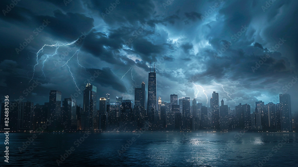 a city skyline during a lightning storm