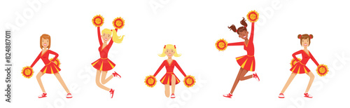 Dance of Cheerleader Girl Character in Uniform with Pompom Vector Set