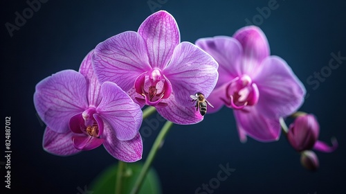   A purple flower with a bee in its center and a blue backdrop
