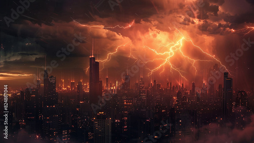 a city skyline during a lightning storm