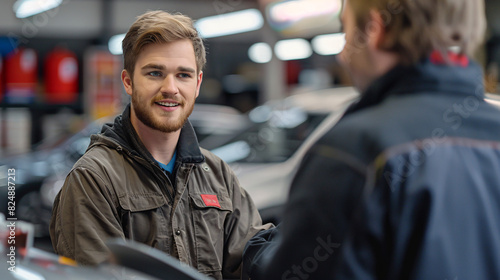 A customer service representative at a service desk explaining the details of a maintenance plan to a customer. In the background, cars are being serviced, illustrating the comprehensive care © EEKONG