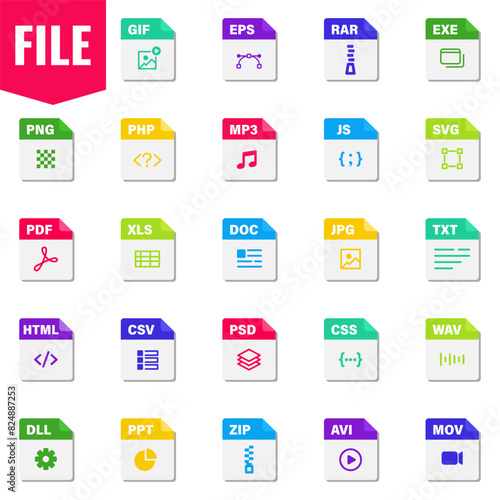 File format flat icon set. Web file labels icon set. Vector illustration.
