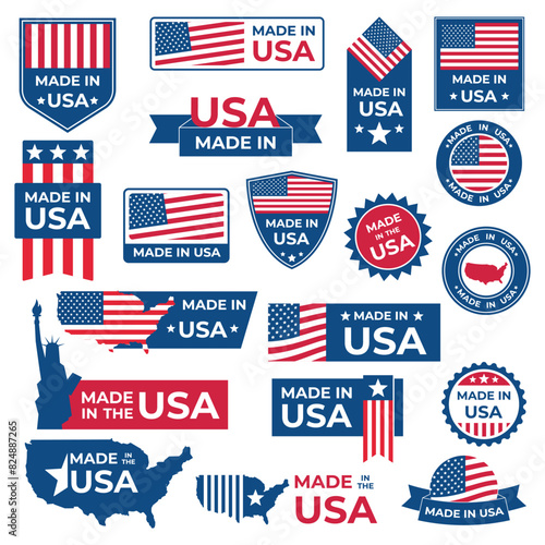 Made in USA badges set. American labels. Patriotic logo or stamp. Vector illustration.