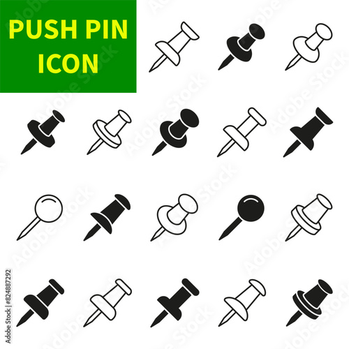 Push pin icon set. Linear and silhouette style. Vector illustration.