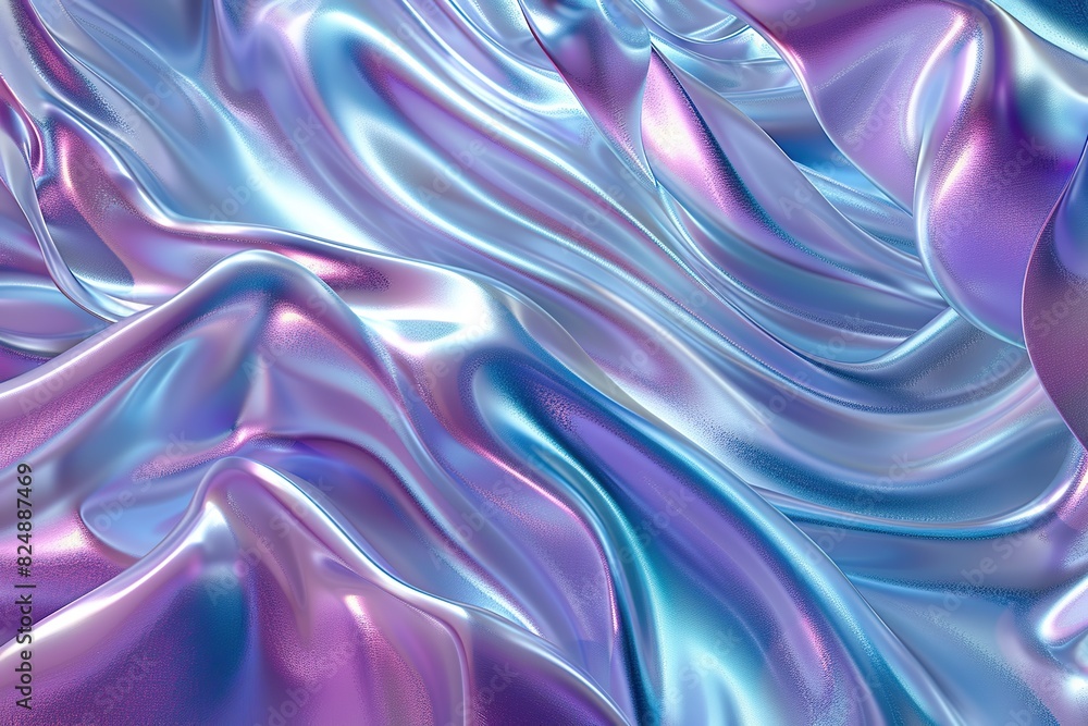 Fototapeta premium Abstract pink purple liquid metal background. Holographic chrome smooth gradient waves industrial backdrop. Shining bent surface with ripples, reflections. Swirl blue fluid melting wavy flowing motion