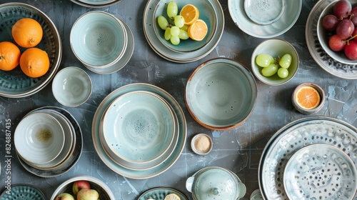 Many different plates are laid out on the table, background photo