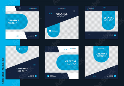 Creative blue and dark grey color minimal shape corporate social media post, clean business square template bundle, set of online website agency layout