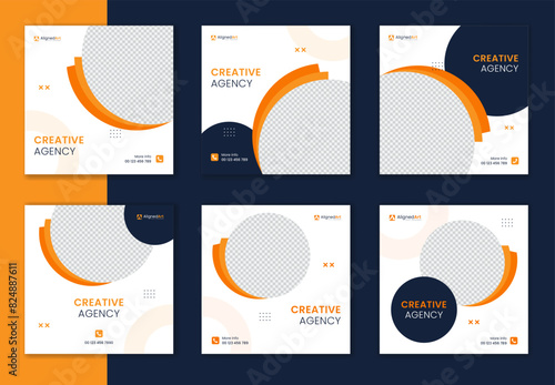 Creative orange round shape business social media post,  circle business agency template for digital marketing, clean minimal carousel