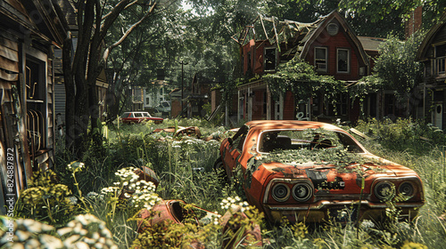 An overgrown suburban neighborhood with decaying houses and abandoned vehicles, as zombies roam freely. Nature has begun to reclaim the area, adding an eerie, desolate beauty to the apocalyptic scene. photo