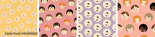 Four surface patterns pack, handsome girlish faces. Drawn repeatable backdrop, female visage, for wrapping paper, textile, branding.