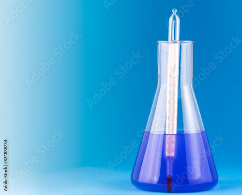 Laboratory flask with thermometer on blue background with copy space