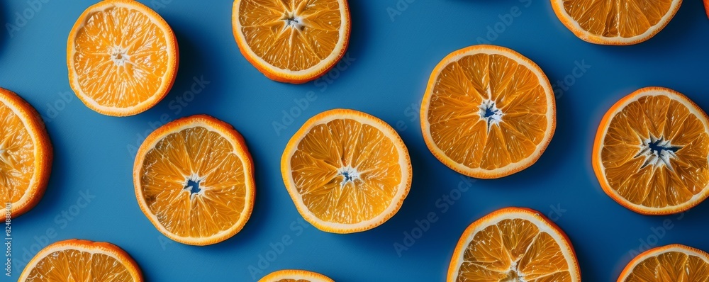 Fresh orange slices pattern on blue background for vibrant and healthy visual texture Fresh orange slices pattern on blue background for vibrant and healthy visual texture