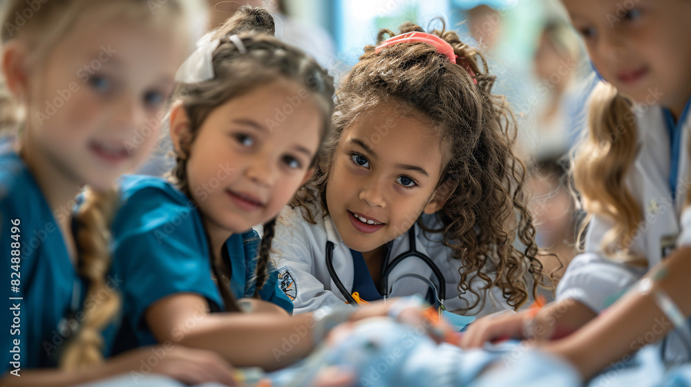 A group of children playing in a mock hospital setup, with roles as doctors, nurses, and patients, fostering an interest in healthcare professions. A group of children playing in a mock hospital setup, with roles as doctors, nurses, and patients, fostering an interest in healthcare professions.