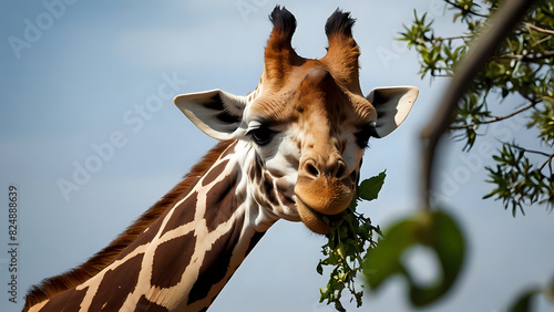 A giraffe eating leaves from a tree with a blurred backdrop photo