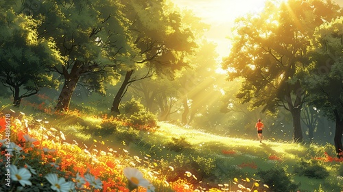 Nature Illustration, Spring Morning Jog Through a Forest: A peaceful illustration of a jogger running through a forest in the early morning, with sunlight filtering through the trees and blooming
