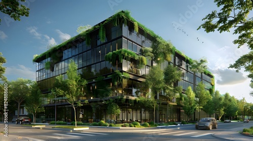Sustainable green building. Energy efficient building. Sustainable glass office building with trees for reducing carbon dioxide. Office with green environment. Corporate building 