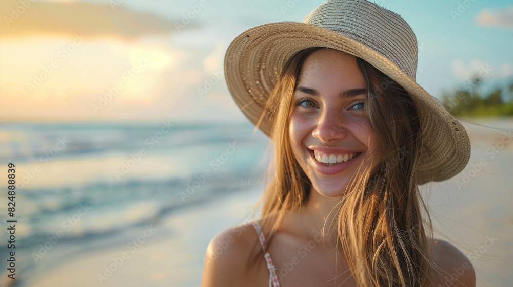 Portrait of a beautiful smiling woman walking on the beach