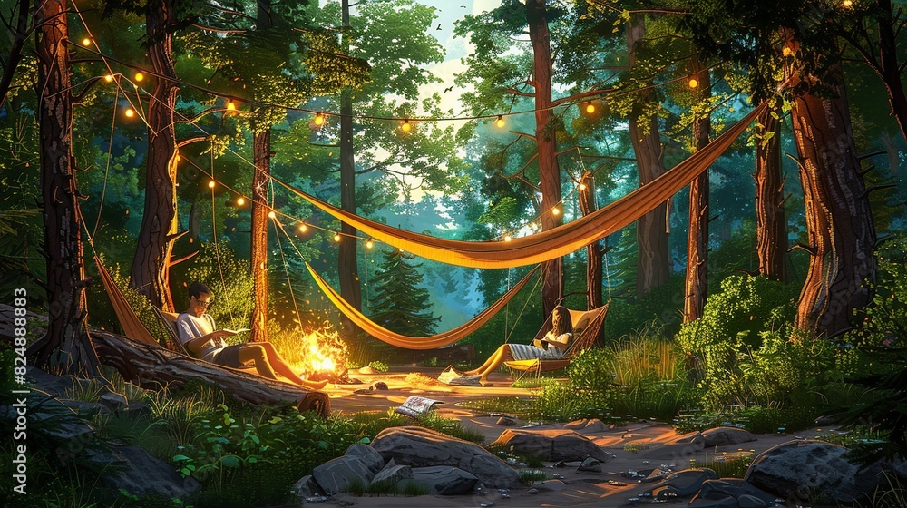 Nature Illustration, Summer Forest Camping with Hammocks: A relaxed ...