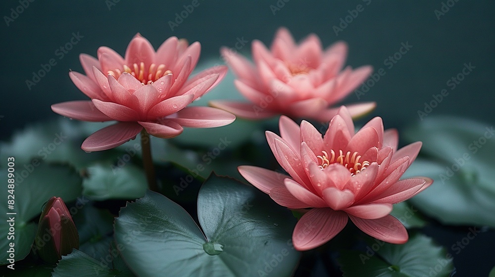 A cluster of pink water lilies resting atop a verdant foliage plant against a dim background A cluster of pink water lilies resting atop a verdant foliage plant against a dim background