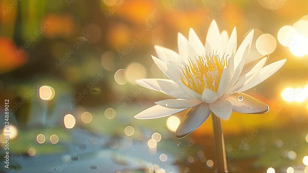 Large white flower on green grass in sunlight, beside sunlit forest Large white flower on green grass in sunlight, beside sunlit forest