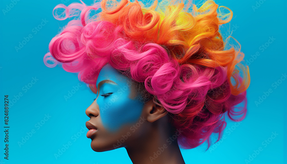 High detailed portrait of young african american female with Dyed Multi Colors Hair hairstyle and brighty make-up on vibrant Red wall. Modern teens expressional serene outlook. High detailed portrait of young african american female with Dyed Multi Colors Hair hairstyle and brighty make-up on vibrant Red wall. Modern teens expressional serene outlook.