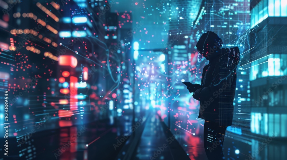A conceptual photo depicting a person engaged in the Metaverse via their mobile phone, set against a backdrop of futuristic blockchain technology. A conceptual photo depicting a person engaged in the Metaverse via their mobile phone, set against a backdrop of futuristic blockchain technology.