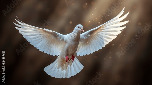  A white dove flies in the air with its wings fully spread