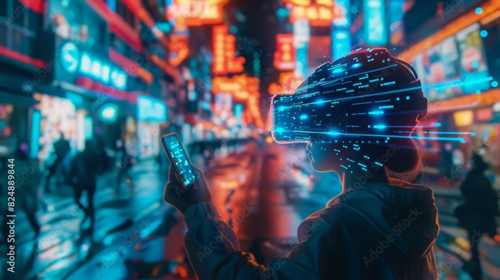 A futuristic scene of a person using their mobile phone to dive into the Metaverse, with blockchain technology seamlessly integrated into the virtual experience. A futuristic scene of a person using their mobile phone to dive into the Metaverse, with blockchain technology seamlessly integrated into the virtual experience.