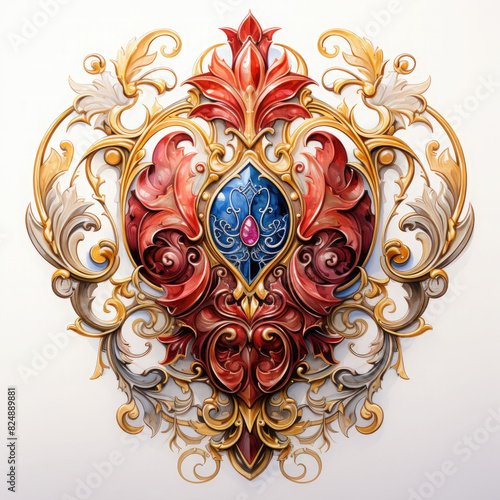 Watercolor Ornate Gold Shield Illustration, Generative Ai