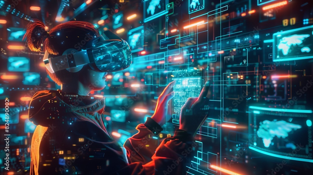 A person delves into the Metaverse on their mobile phone, surrounded by blockchain-enabled digital interfaces. A person delves into the Metaverse on their mobile phone, surrounded by blockchain-enabled digital interfaces.