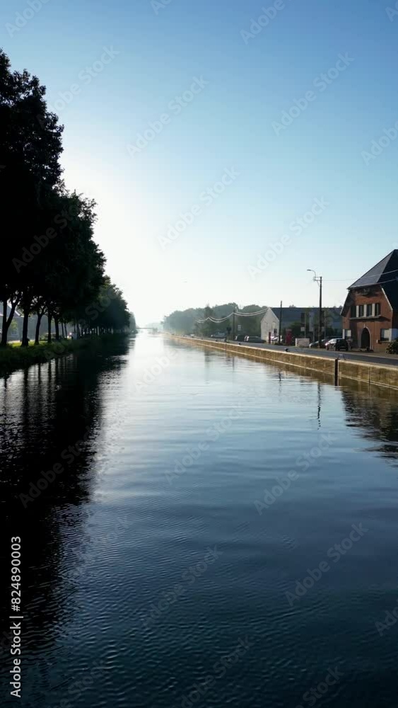 A serene urban canal setting with clear waters and sunlight reflecting beautifully in the early morning atmosphere A serene urban canal setting with clear waters and sunlight reflecting beautifully in the early morning atmosphere