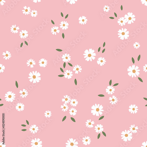 Seamless pattern with daisy flower and green leaves on pink background vector.