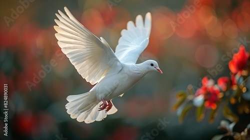  A white dove flying in the air with wings wide open, surrounded by red flowers