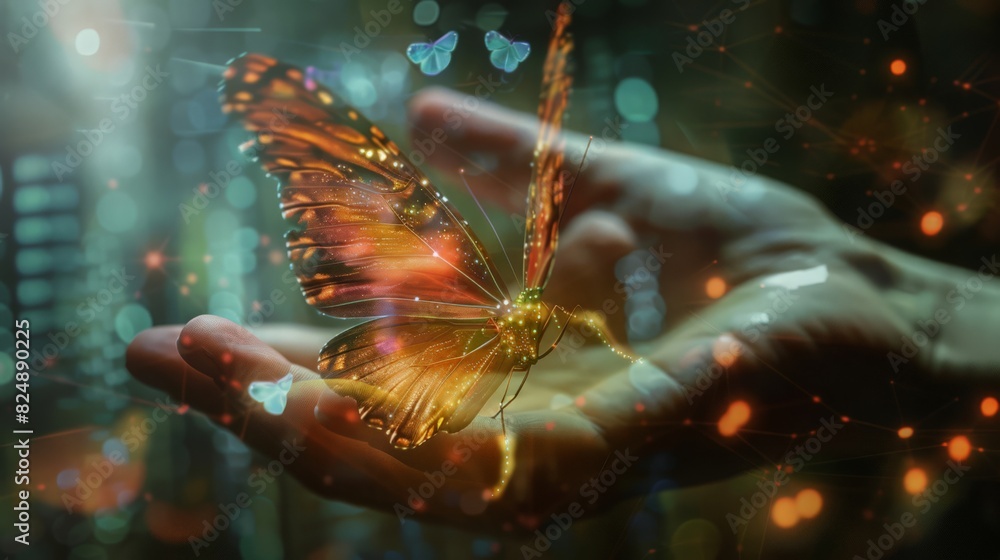 A surrealism butterfly responds to a hand equipped with biosensor technology, symbolizing the convergence of the Metaverse, Web3, and blockchain. This conceptual photo illustrates A surrealism butterfly responds to a hand equipped with biosensor technology, symbolizing the convergence of the Metaverse, Web3, and blockchain. This conceptual photo illustrates
