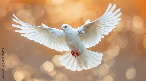   A white bird soars in the sky, its wings fully extended, against a backdrop of soft light