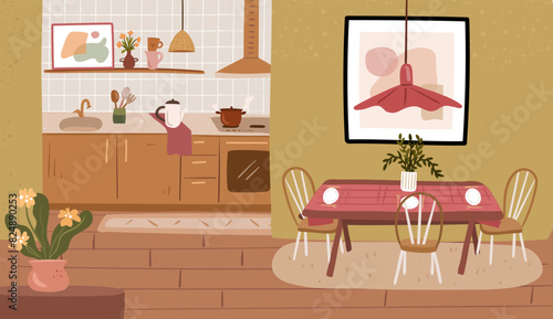 Cozy kitchen interior in modern mid-century style. Flat hand drawn banner illustration of dining room and kitchen